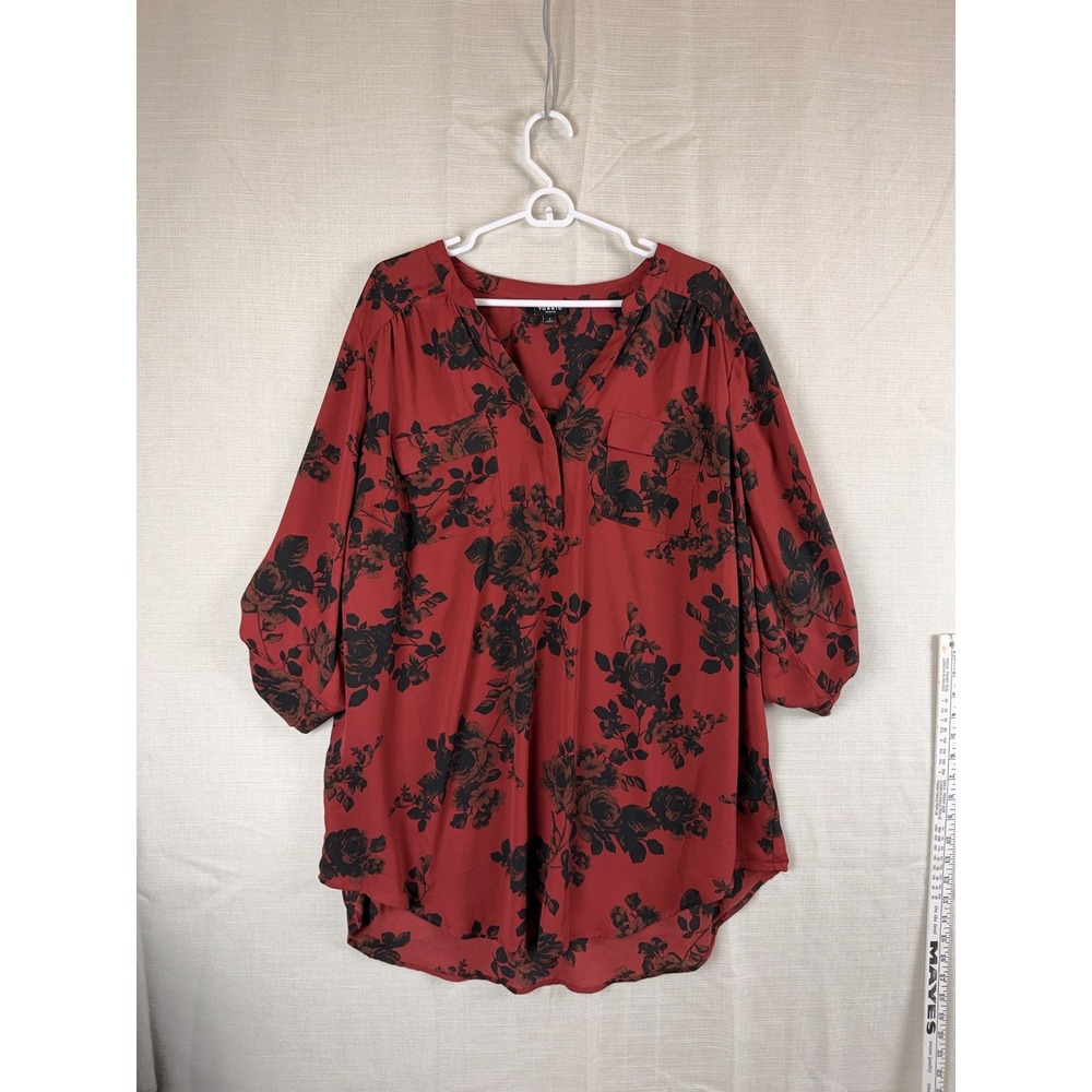 Torrid Blouse Womens 2 Red Floral Harper Henley 3/4 Balloon Sleeve Tunic Top